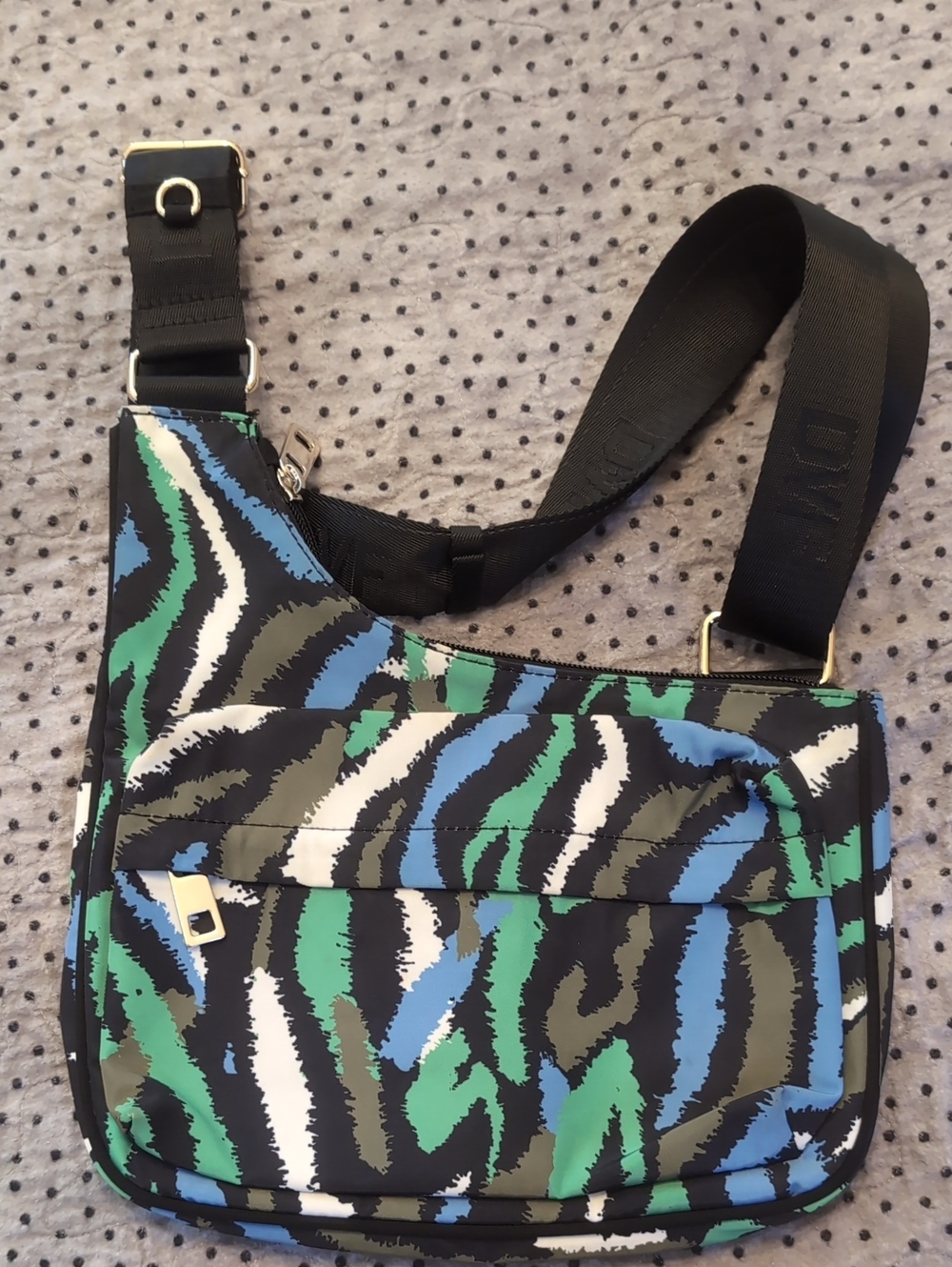 Printed Green & Blue Patterned Crossbody Bag with Black Strap